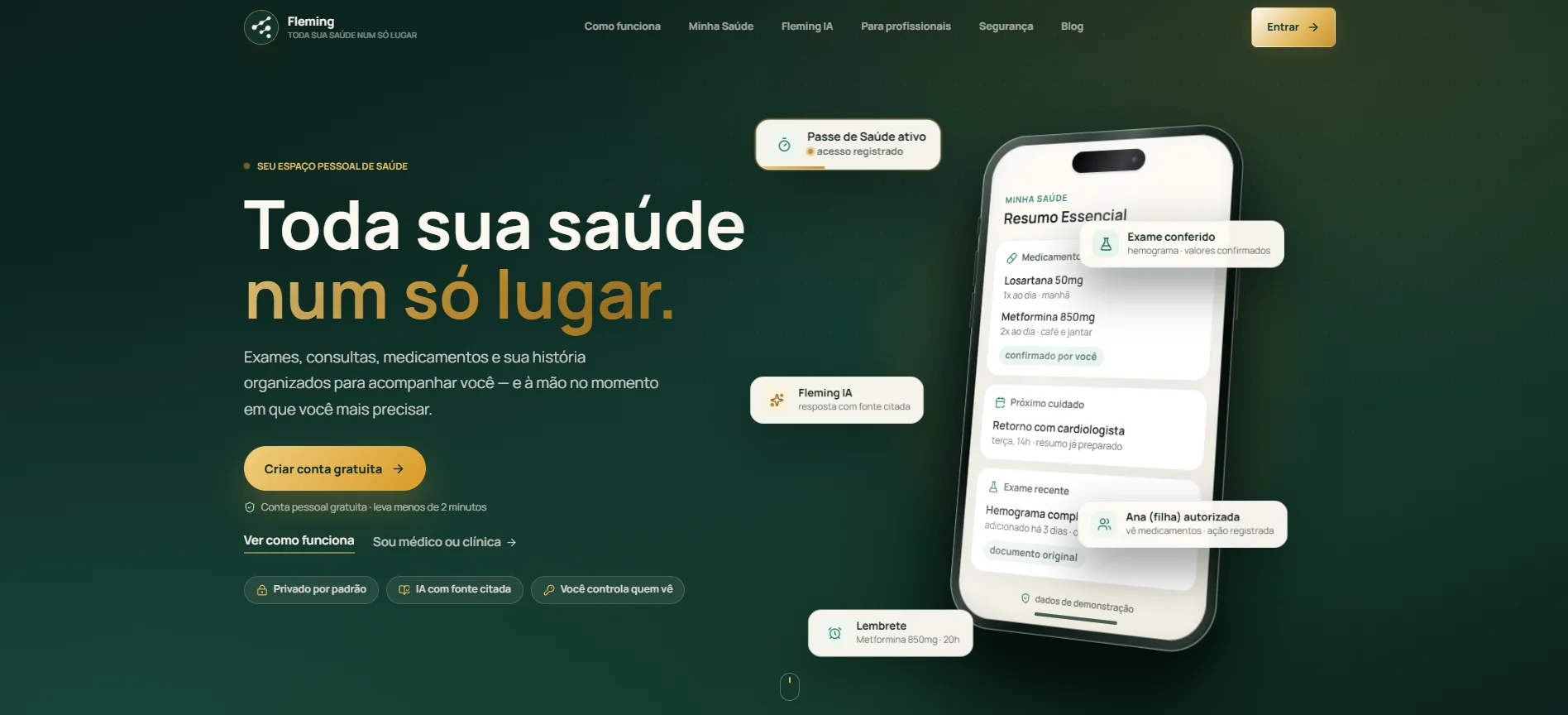 Tela do aplicativo Fleming com resumo de saúde, medicamentos, exames e cuidados próximos
