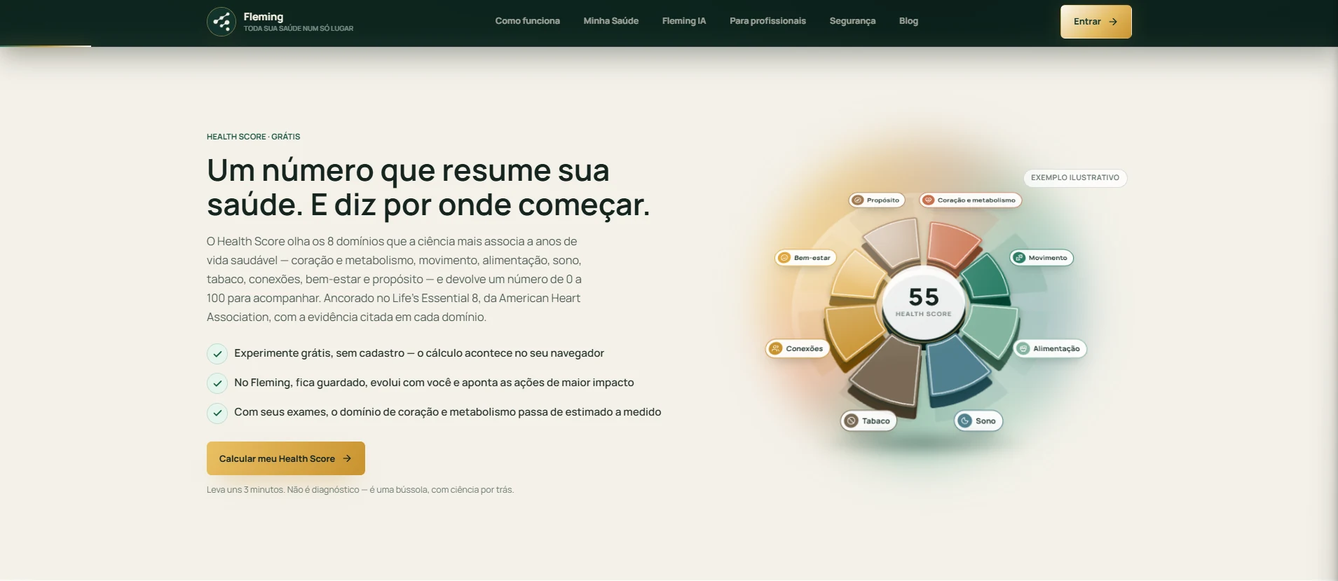 Tela do Health Score do Fleming com os oito domínios de saúde