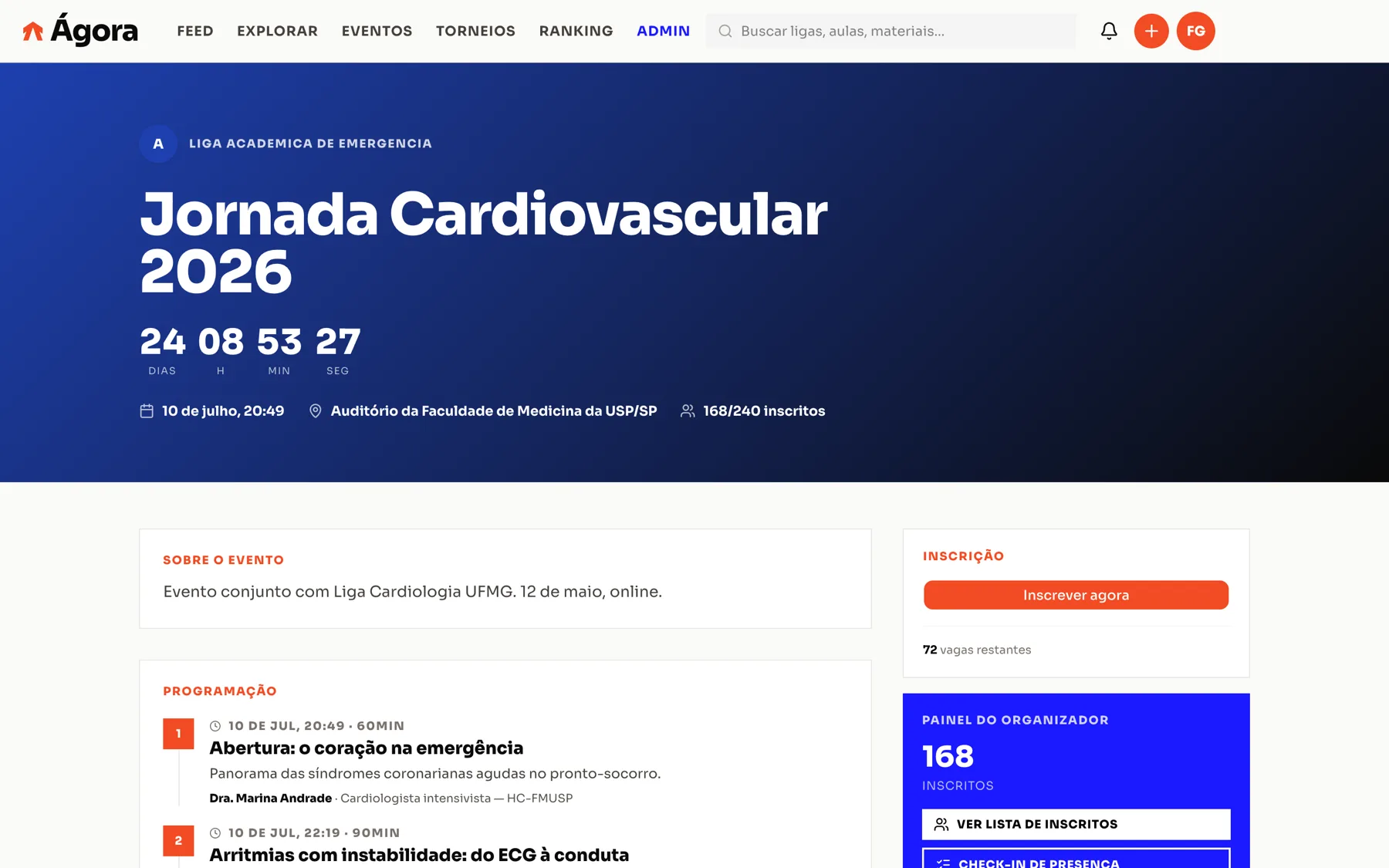 Página de evento acadêmico publicada na Ágora Ligas