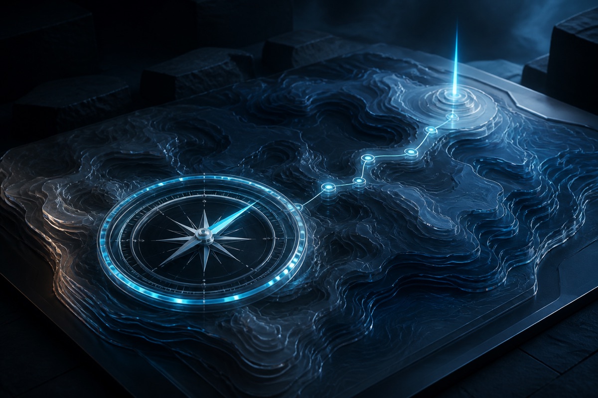 Mapa topográfico de vidro com bússola luminosa e rota estratégica.